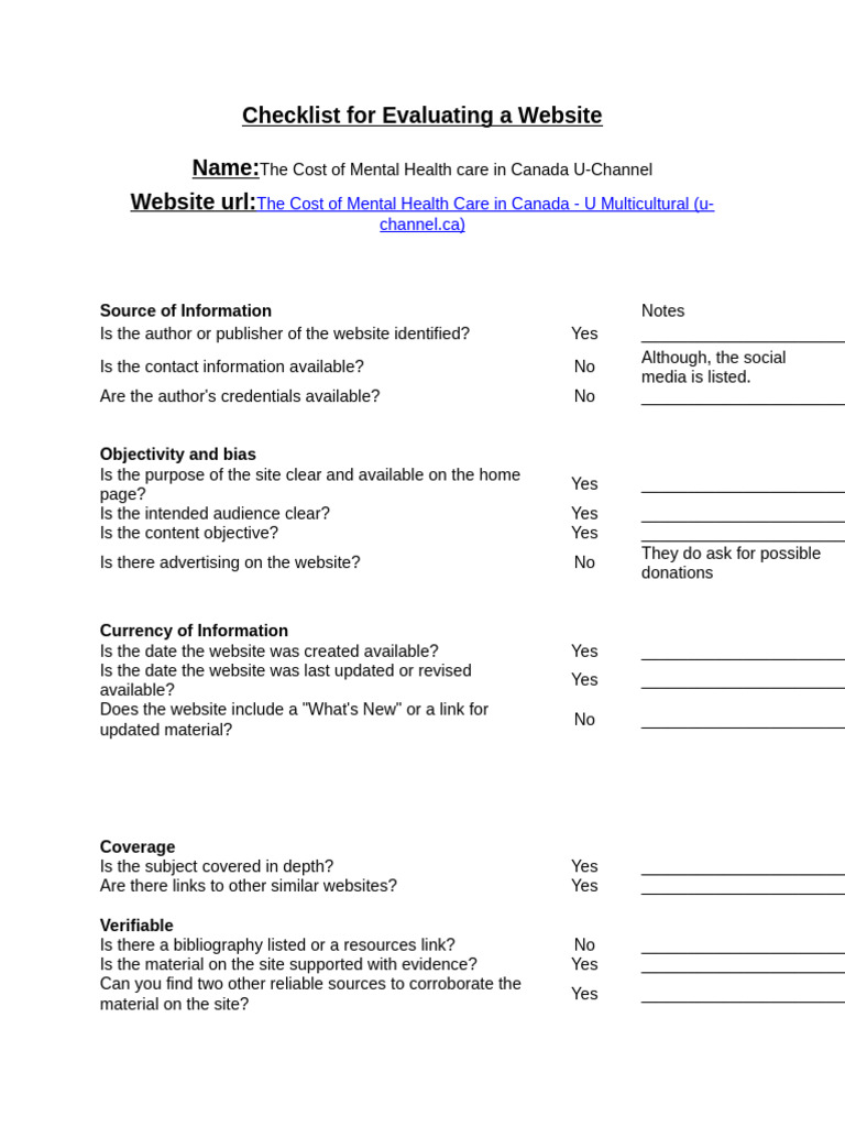 Website Evaluation Checklist | PDF | Human Communication | Career & Growth