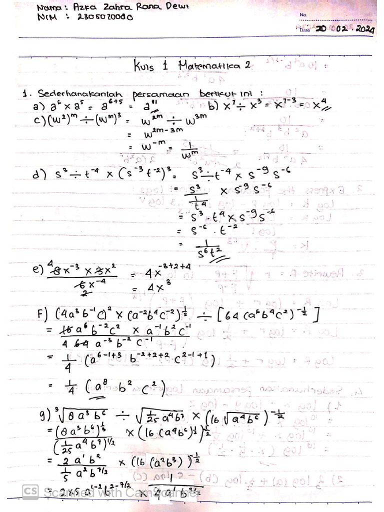 Kuis 1 Matematika 2 - Azka Zahra Rana Dewi - 2305070080 | PDF