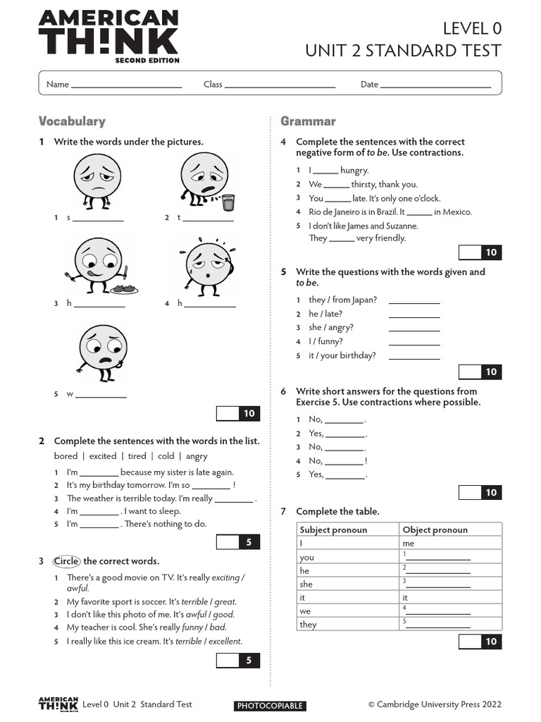 American Think Standart Test - Level 0 - Unit 2 | PDF