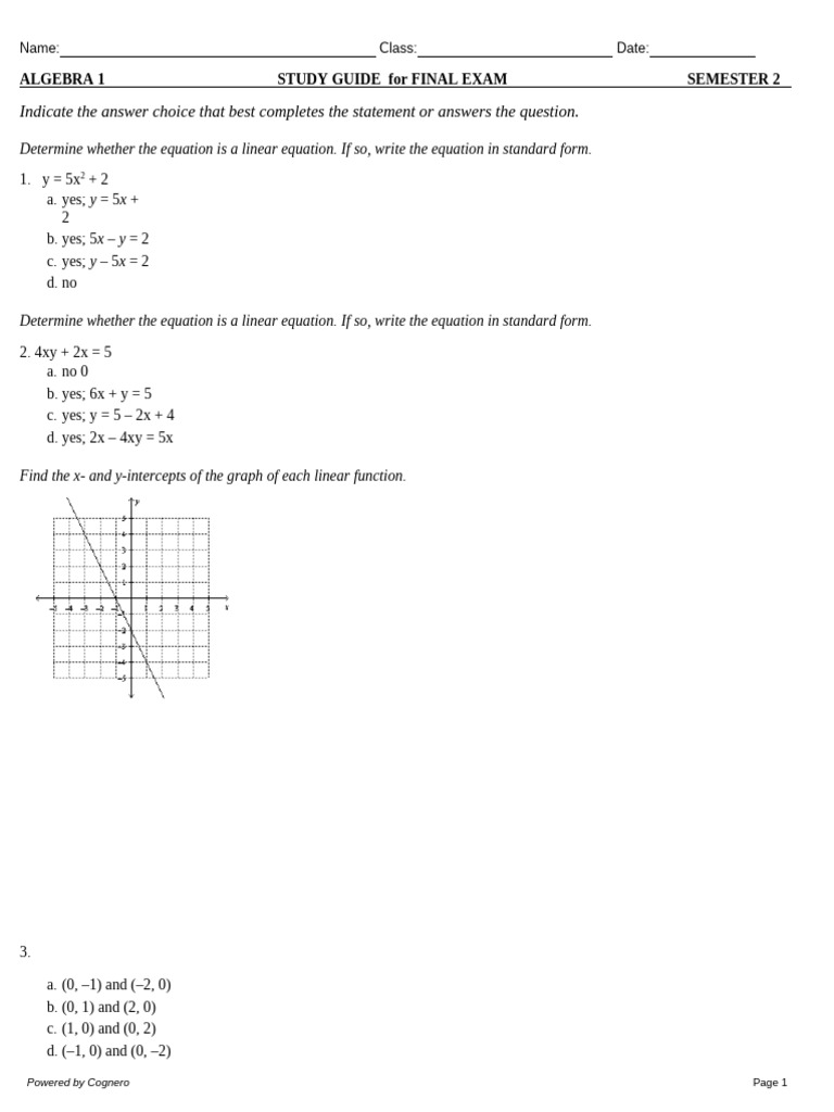 Algebra 1 Study Guide For Final Exam Semester 2 | PDF