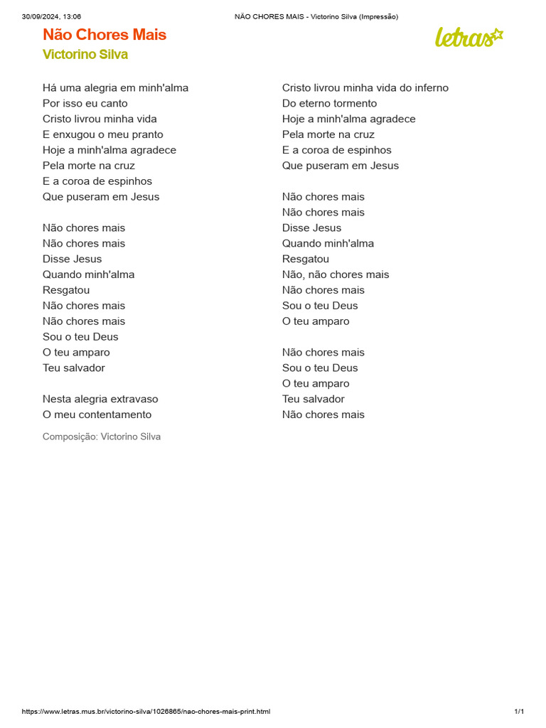 Não Chores Mais - Victorino Silva | PDF