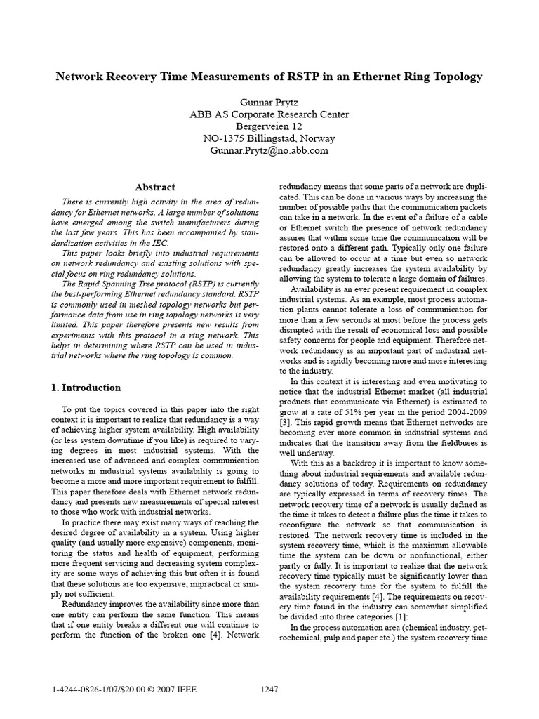 Network Recovery Time Measurements of RSTP in An Ethernet Ring Topology ...