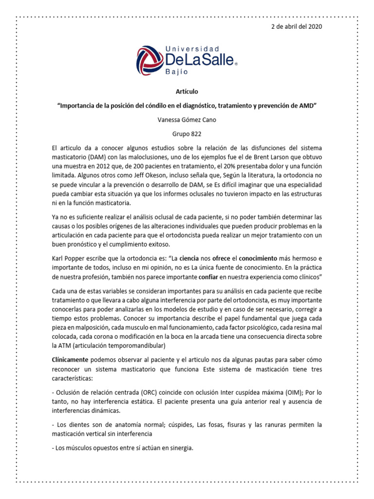 Posición del Cóndilo en AMD y Ortodoncia | PDF | Ortodoncia | Medicina