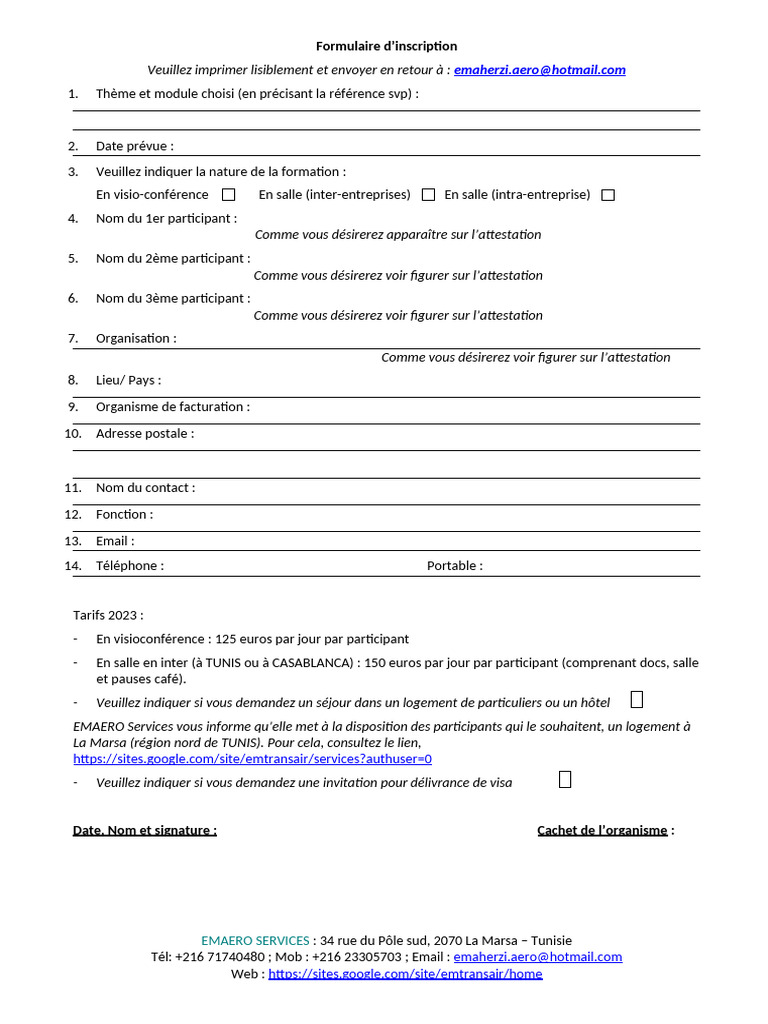 Emaero - Formulaire D'inscription | PDF