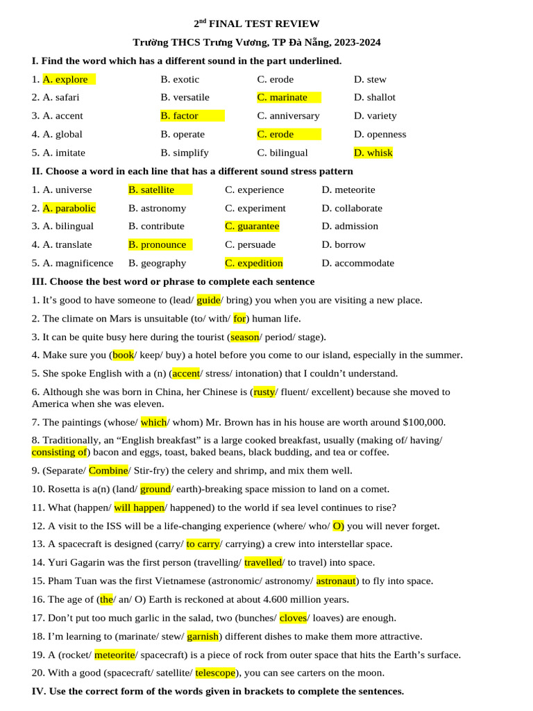 2nd Final Test Review for English Skills | PDF | Spacecraft | Language Arts &amp; Discipline