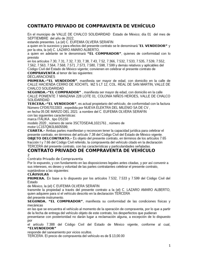Contrato Privado de Compraventa de Vehículo | PDF