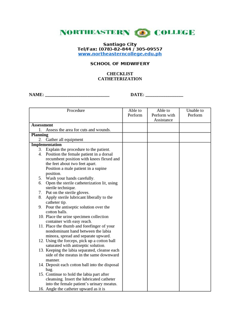 Catheterization Checklist | PDF | Catheter