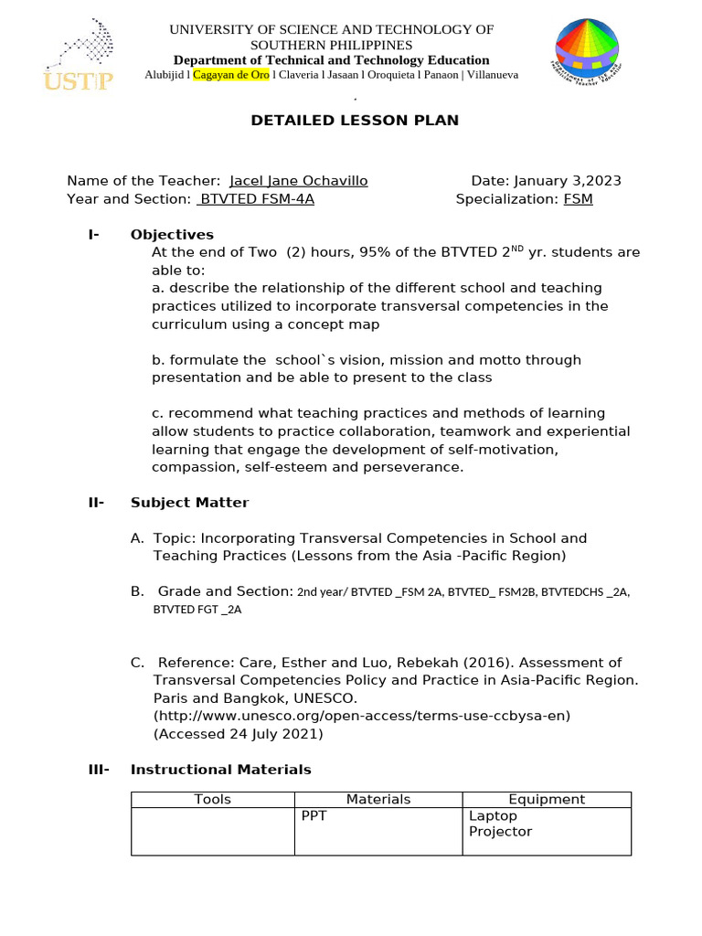 Detailed Lesson Plan on Transversal Competencies | PDF | Teachers ...