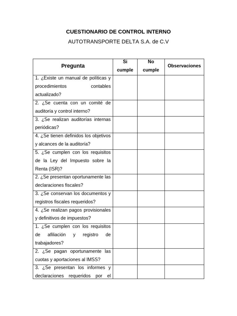 CUESTIONARIO DE CONTROL INTERNO | PDF