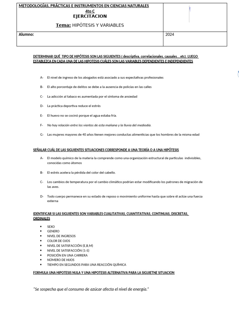 Hipotesis y variables, Ejercitacion | PDF