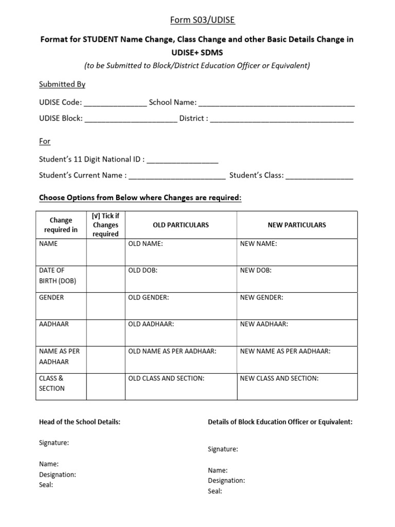 Format For STUDENT Name Change Class Change and Other Basic Details ...