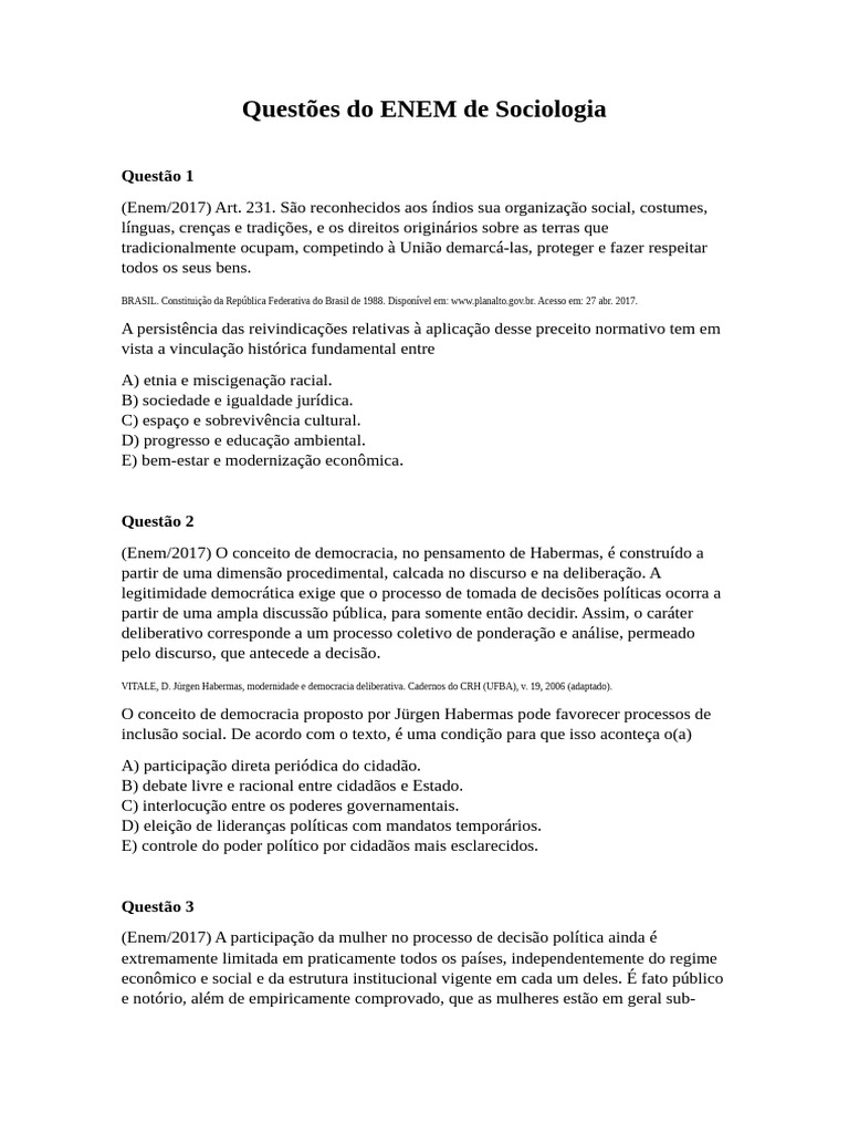 Questões Do ENEM Filosofia e Sociologia 2 | PDF | Sociologia | Science