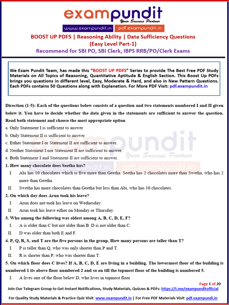 Reasoning data sufficiency easy questions part 1 boost up pdfs pdf