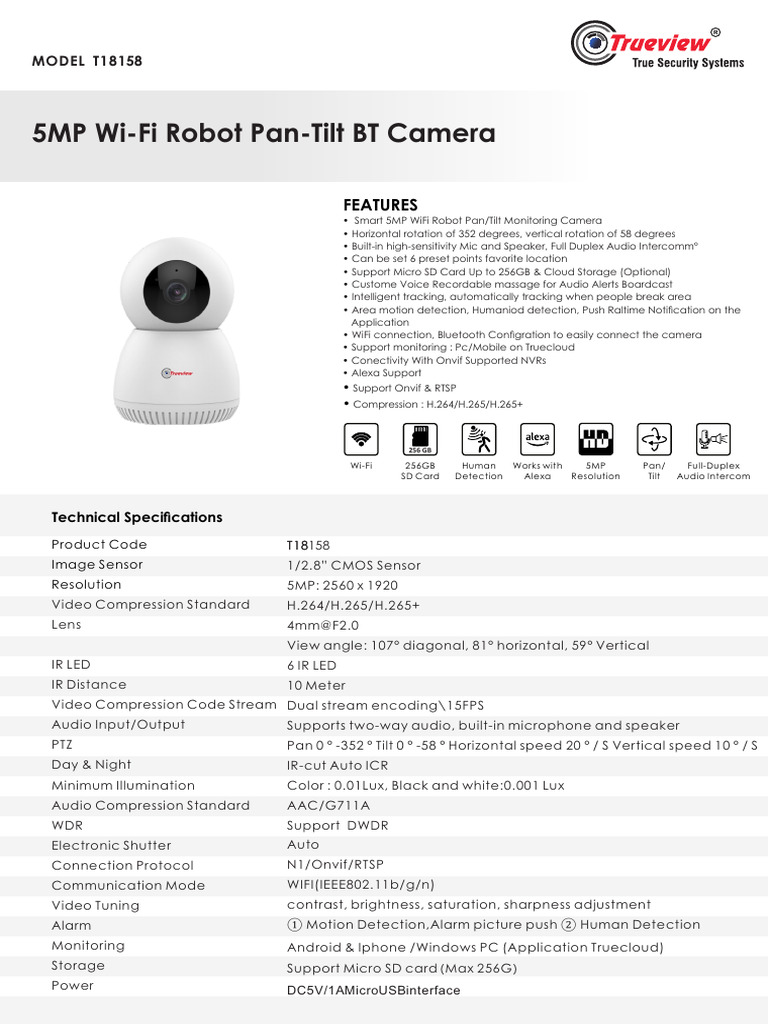 5MP Wi Fi Robot Pan Tilt BT Camera T18158 | PDF | Camera | Data Compression