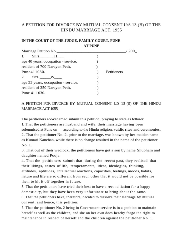 A Petition For Divorce by Mutual Consent Us 13 (B) of The Hindu ...