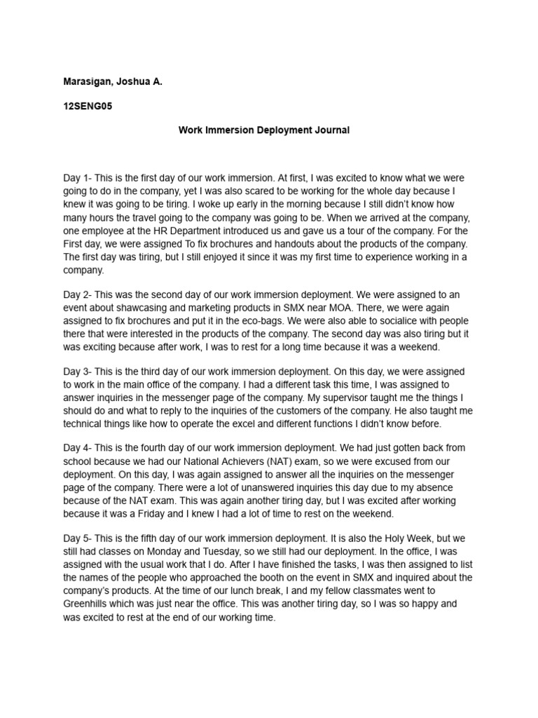Work Immersion Journal | PDF