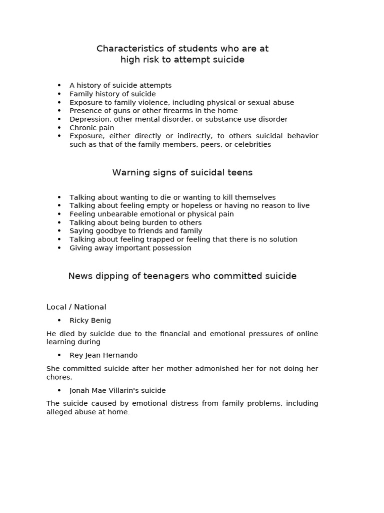 Characteristics of Students Who Are at High Risk To Attempt Suicide | PDF