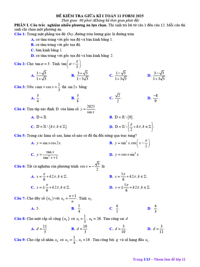 05 de kiem tra giua hoc ki 1 toan 11 cau truc trac nghiem moi pdf