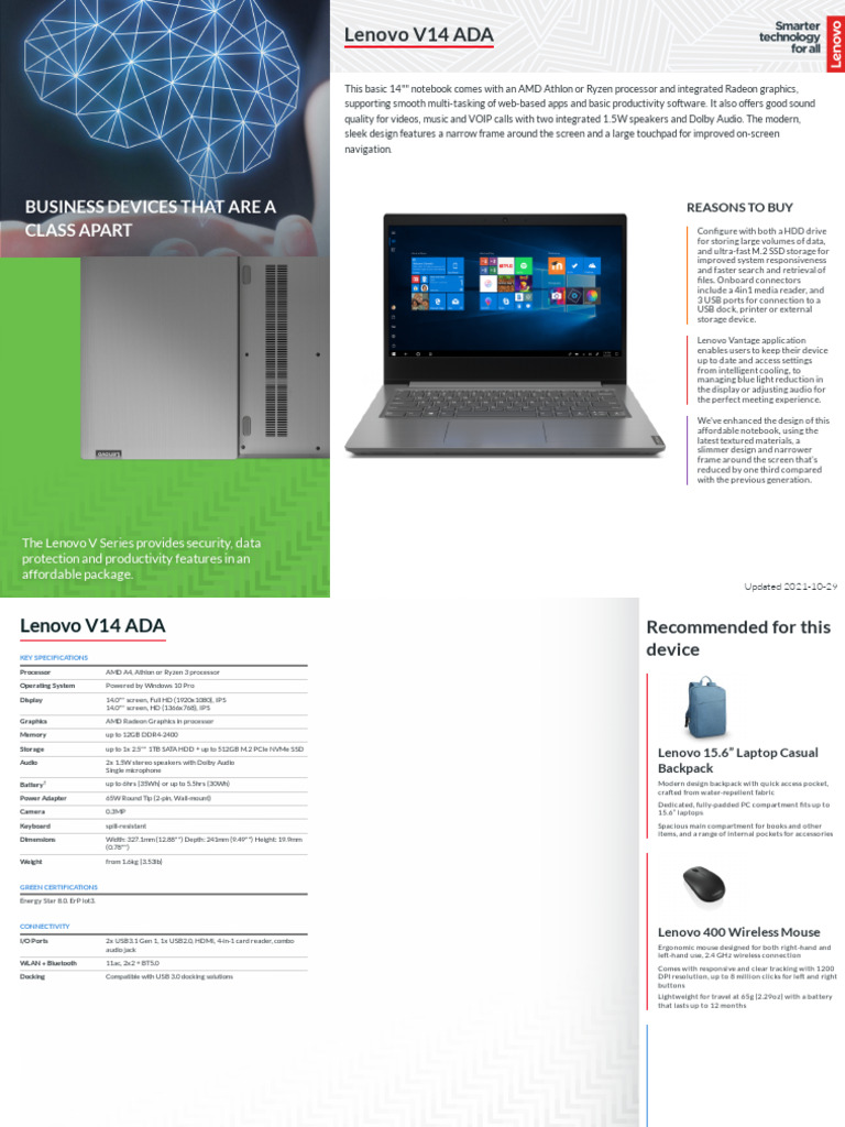Lenovo V14 ADA Specifications Overview | PDF | Laptop | Usb