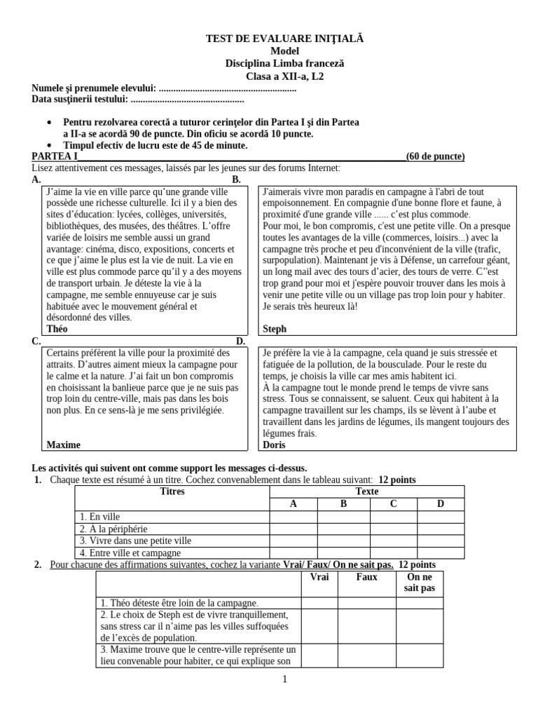 Test Initial 12 Franceza | PDF