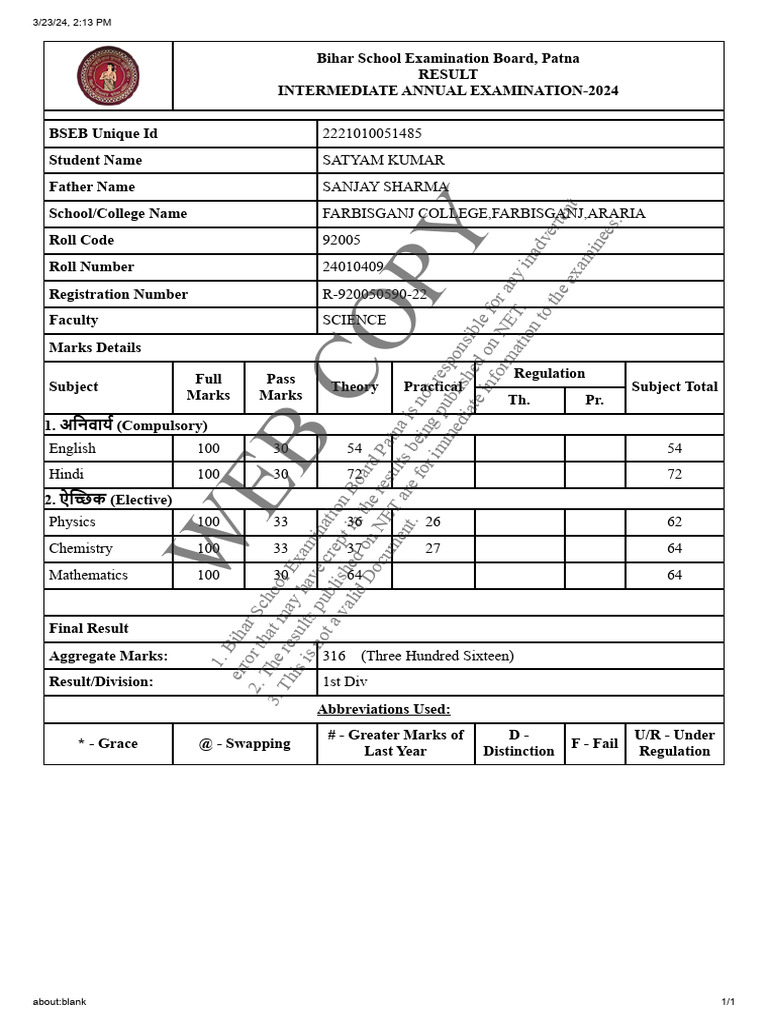 Satyam Result | PDF