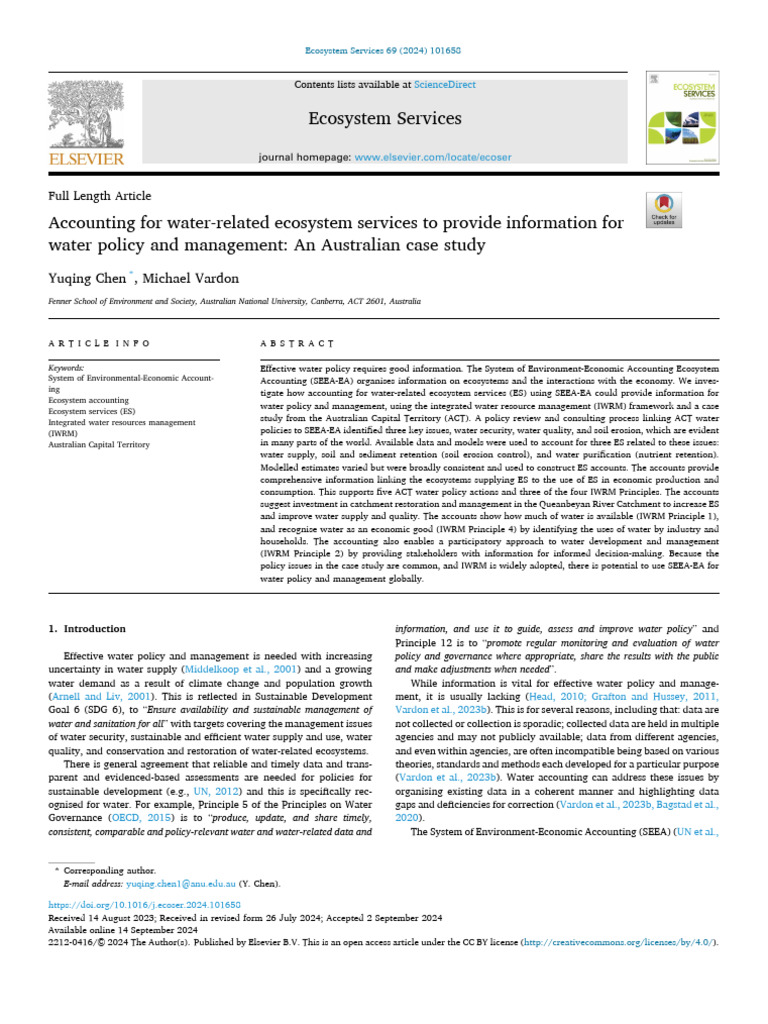 Accounting For Water-Related Ecosystem Services To Provide Information ...