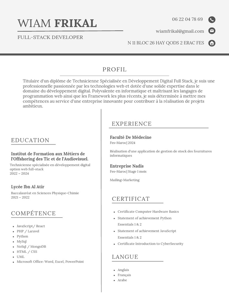 Profil de Wiam Frikal, Développeuse Full-Stack | PDF | Programmation ...