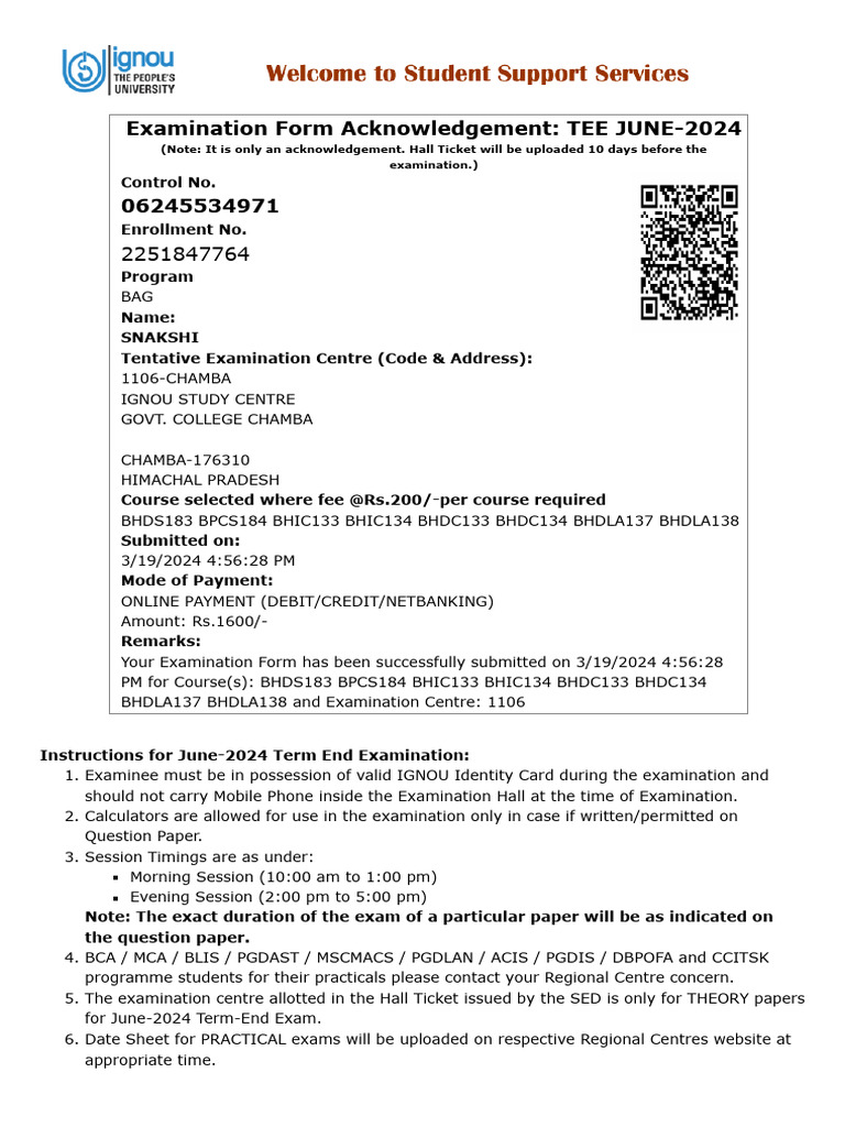 IGNOU - Examination Form Acknowledgement | PDF