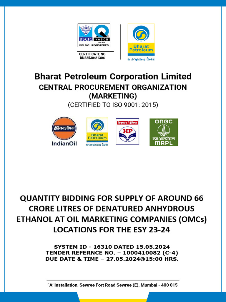BPCL Ethanol Supply Tender 2024-25 | PDF | Molasses