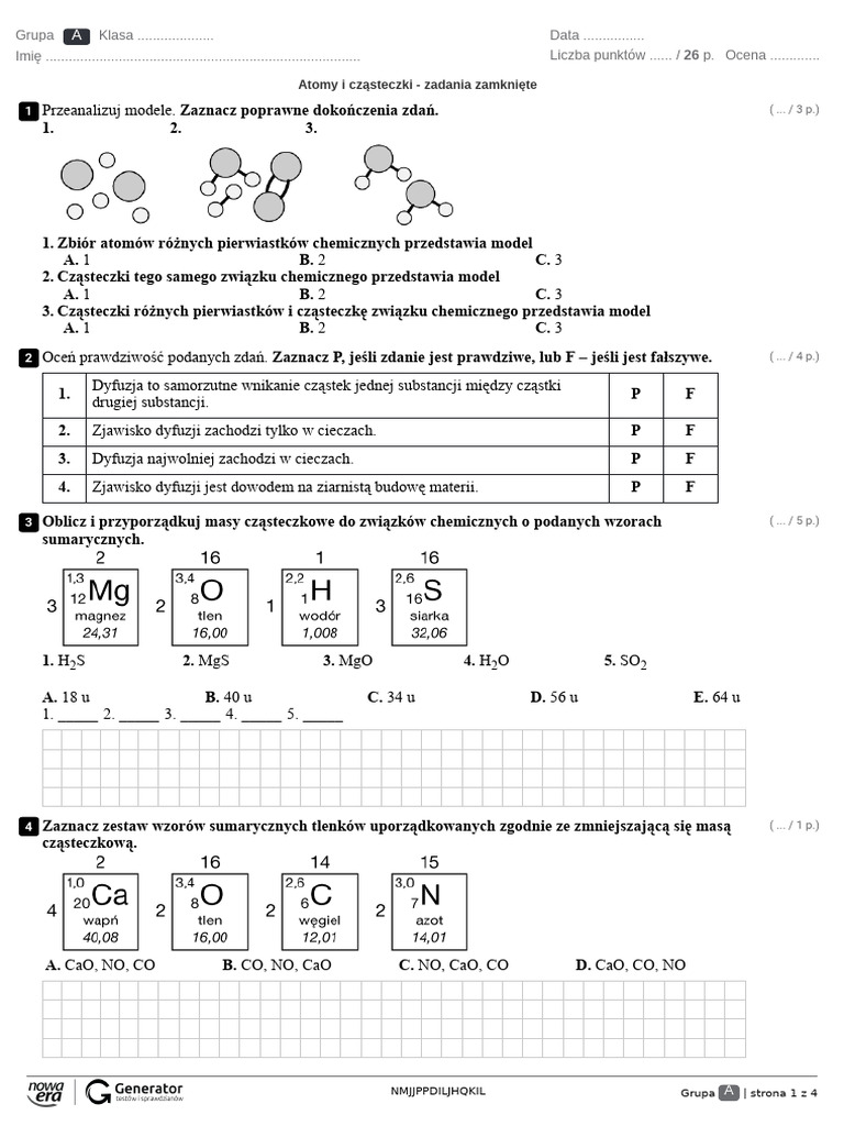Atomy I Cząsteczki Klasa 7 Atomy I Cząsteczki - Zadania Zamknięte Test (Z Widoczną Punktacją) | PDF