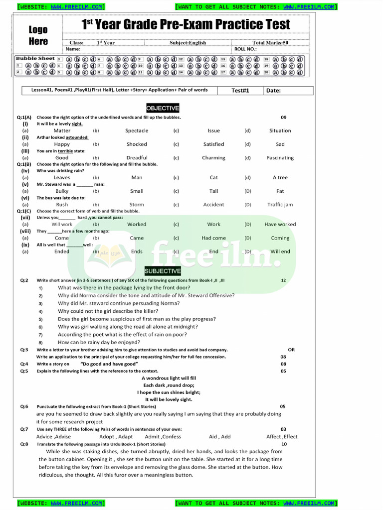 11th English Test Paper 1 | PDF
