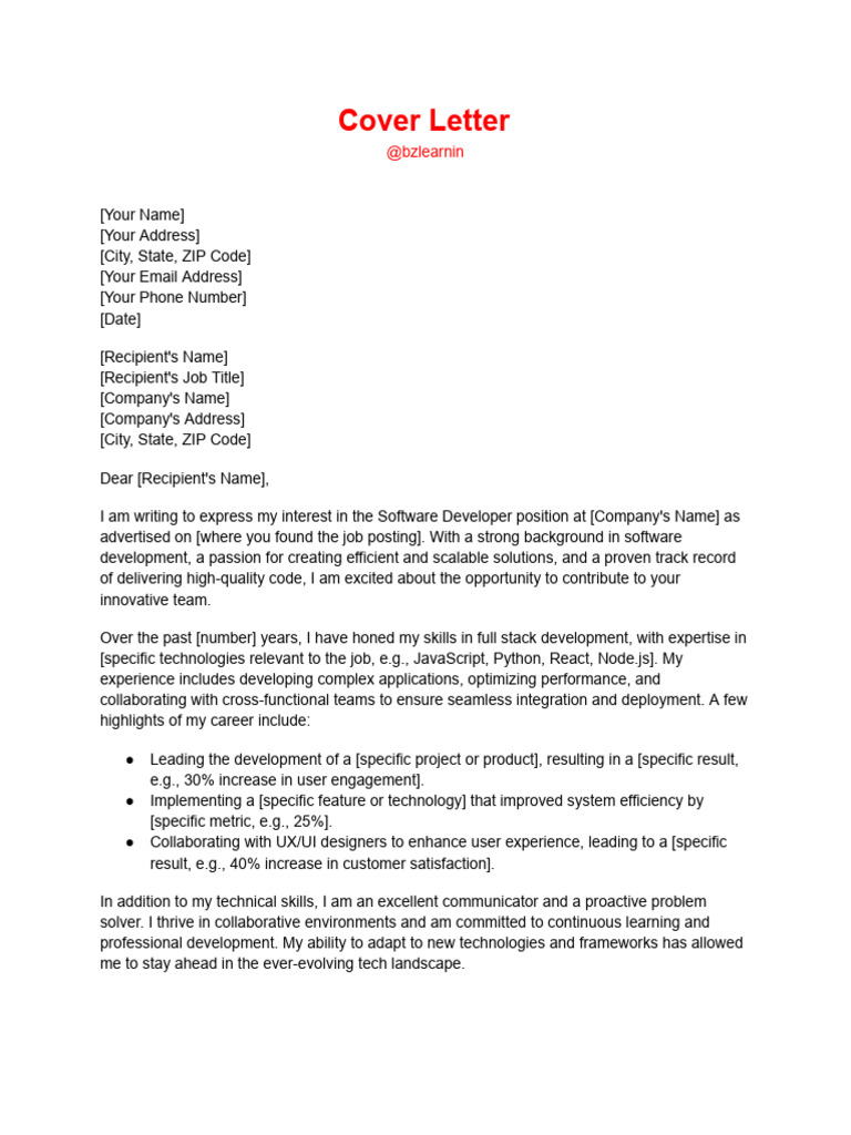 Software Developer Cover Letter Template | PDF | Computing | Career ...