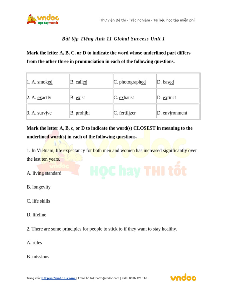 De Kiem Tra 15 Phut Tieng Anh Lop 11 Unit 1 A Long and Healthy Life | PDF