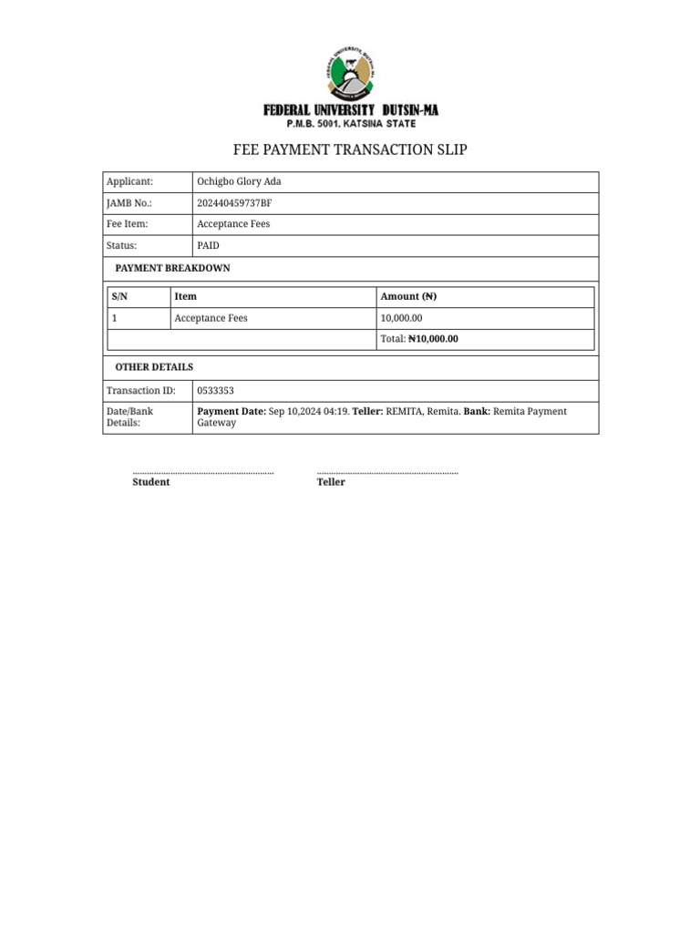Print Fee Payment Transaction - Federal University, Dutsin-Ma | PDF