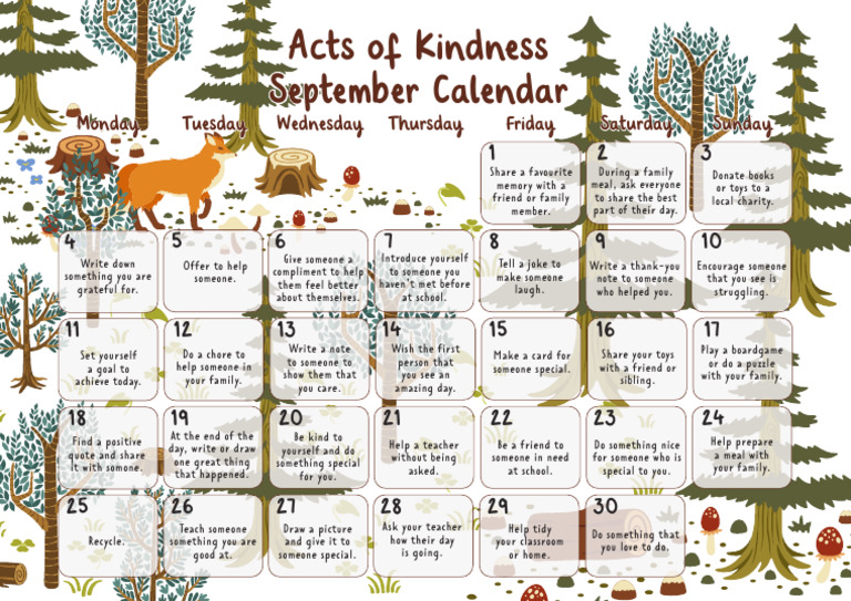 Acts of Kindness September Calendar Woodland Nature Themed Poster PDF