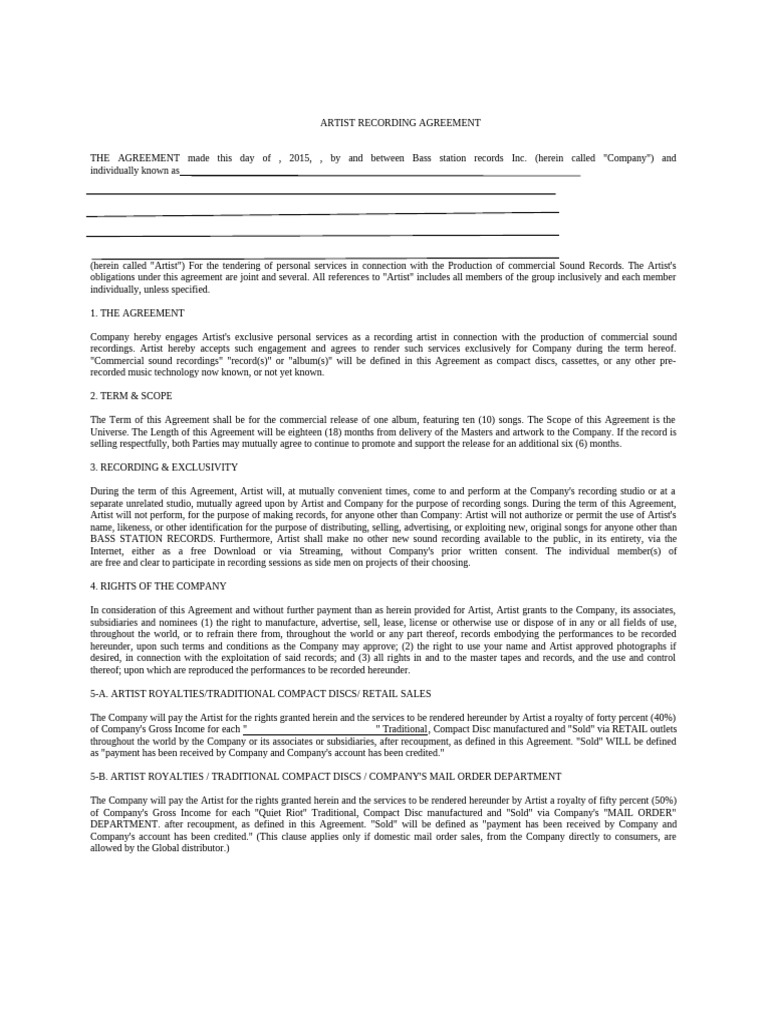 Artist Recording Agreement Template | PDF | Indemnity | Royalty Payment