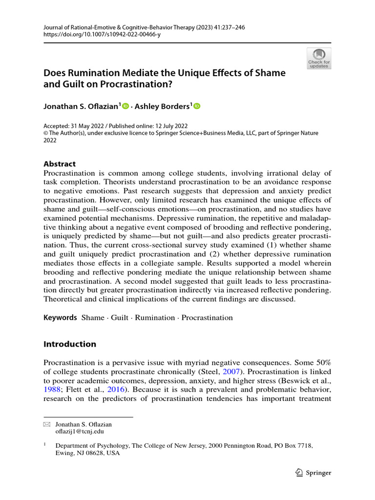 Does Rumination Mediate The Unique Effects of Shame and Guilt On ...