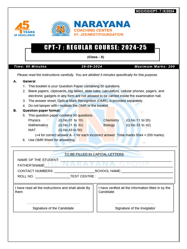 CPT-7 Class X Exam Paper 2024 | PDF