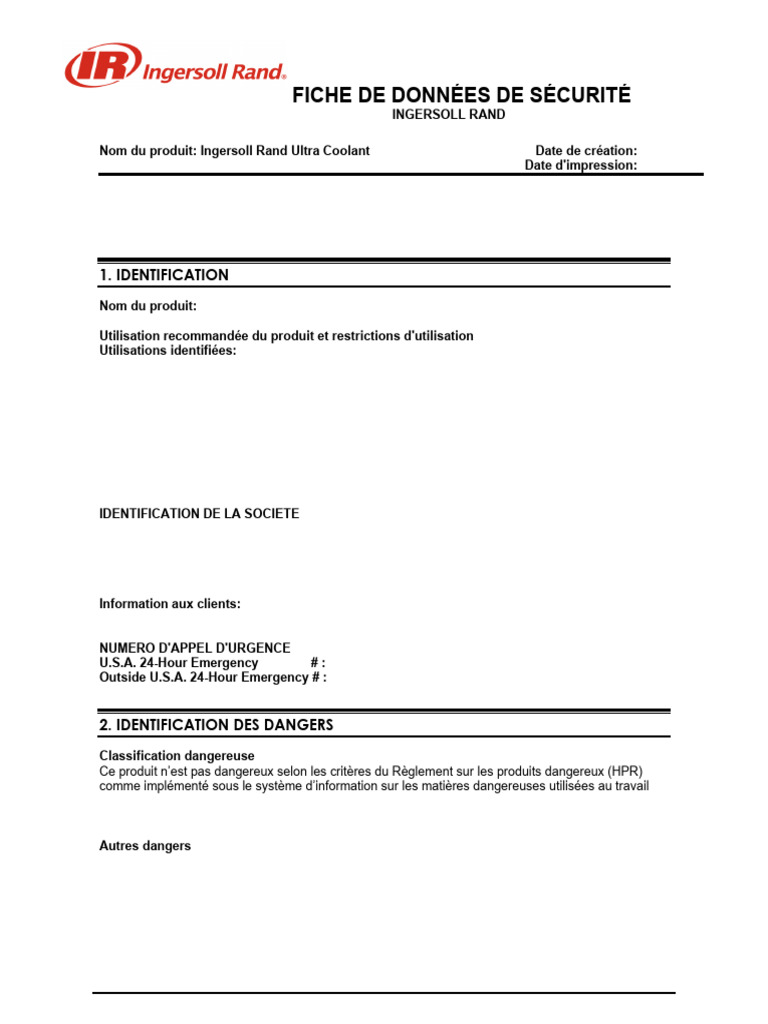 Canada French SDS Ingersoll Rand Ultra Coolant | PDF