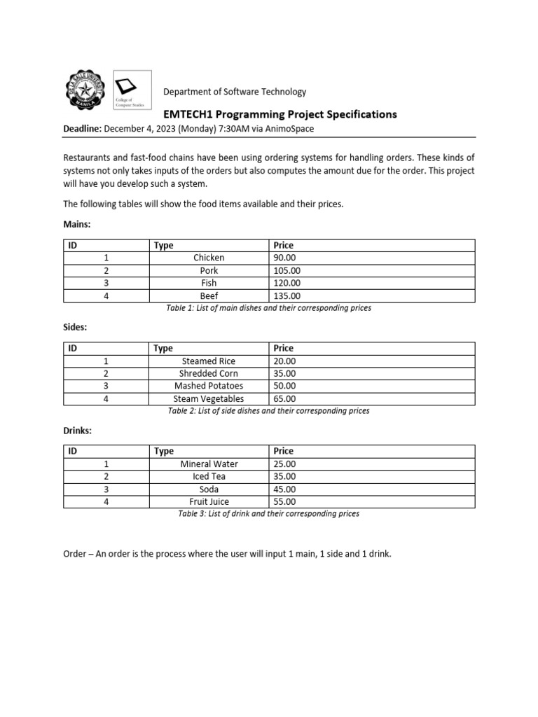 Meal Specs Coding Instructions | PDF | Computer Program | Programming