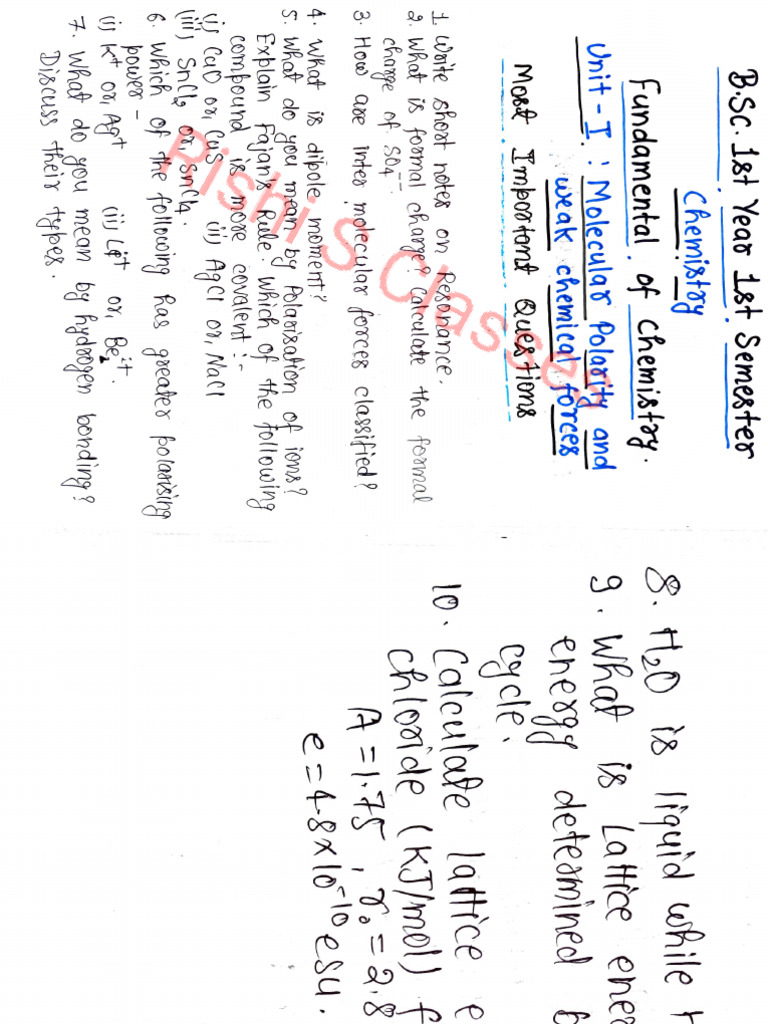 BSC 1st Year Chemistry Unit 1 Important Questions | PDF