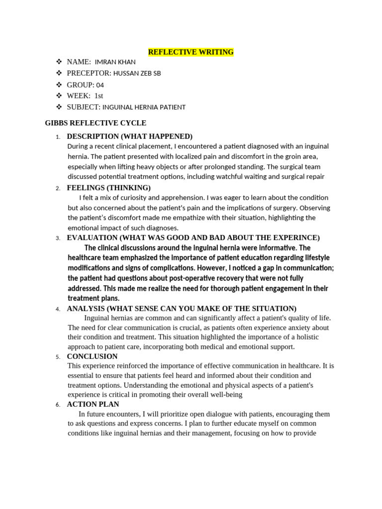 REFLECTIVE WRITING 1st Week | PDF | Experience | Patient