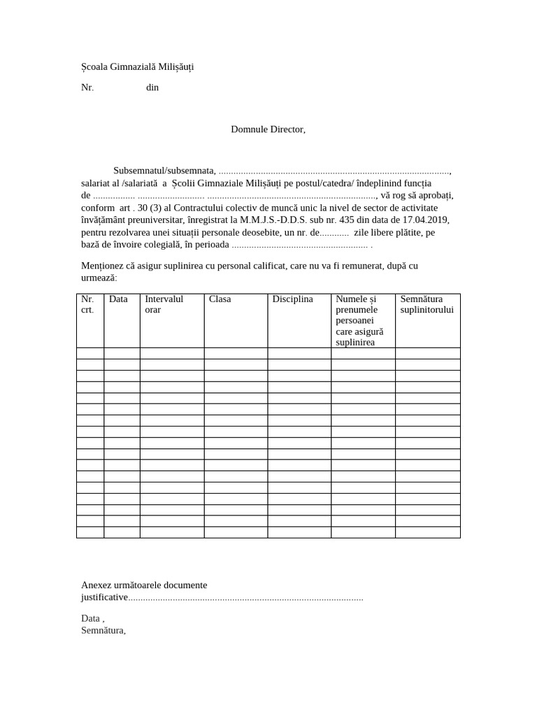 Model Cerere Învoire Colegială | PDF