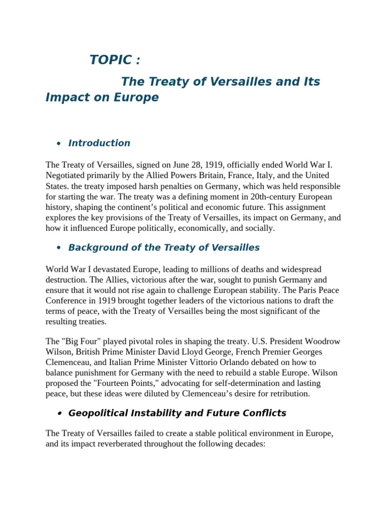 Treaty of Versailles and Its Impact On Europe | PDF