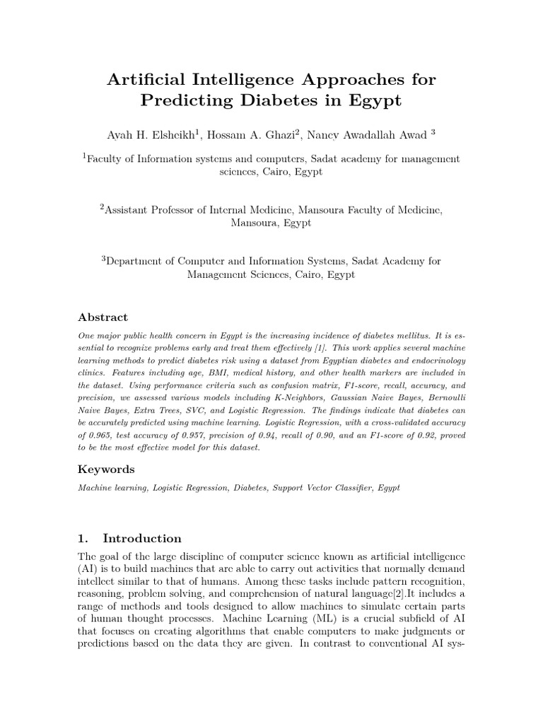 AI Models for Diabetes Prediction in Egypt | PDF | Sensitivity And ...