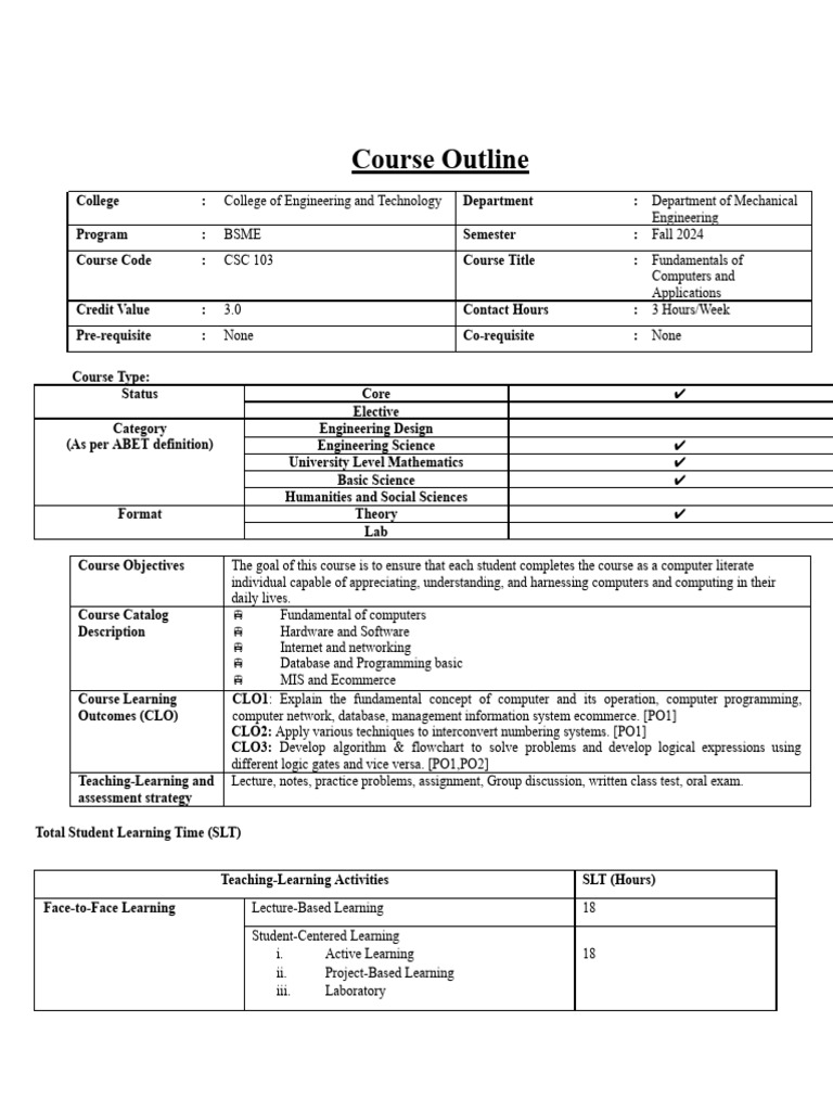2024 Fall Course Outline CSC 103 N | PDF