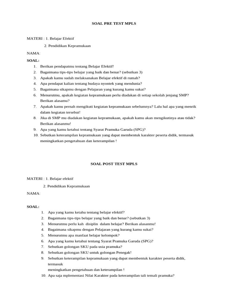 Soal Pre Test Dan Post Test Mpls Hari Ke 4 | PDF