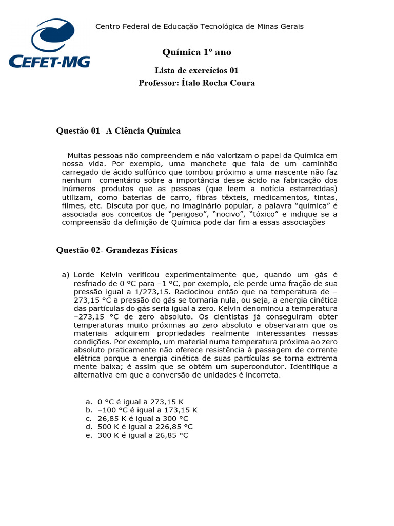 Arquivos8lista de Exerccios 01 - Qumica 1 Ano PDF | PDF
