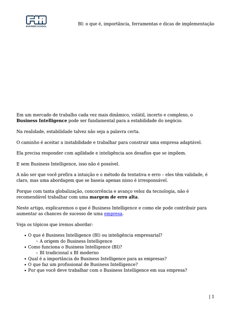 BI - o Que É, Importância, Ferramentas e Dicas de Implementação | PDF