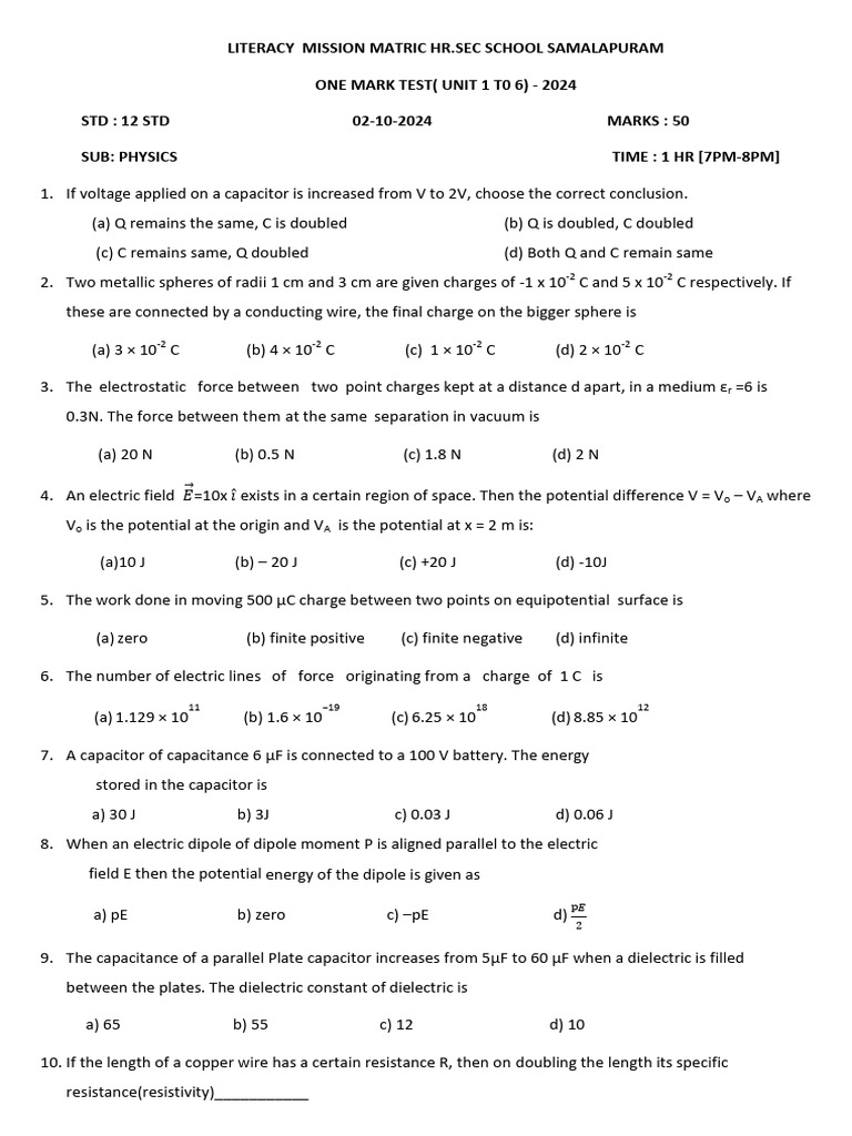 12th Grade Physics Unit 1-6 Test 2024 | PDF | Capacitor | Inductor